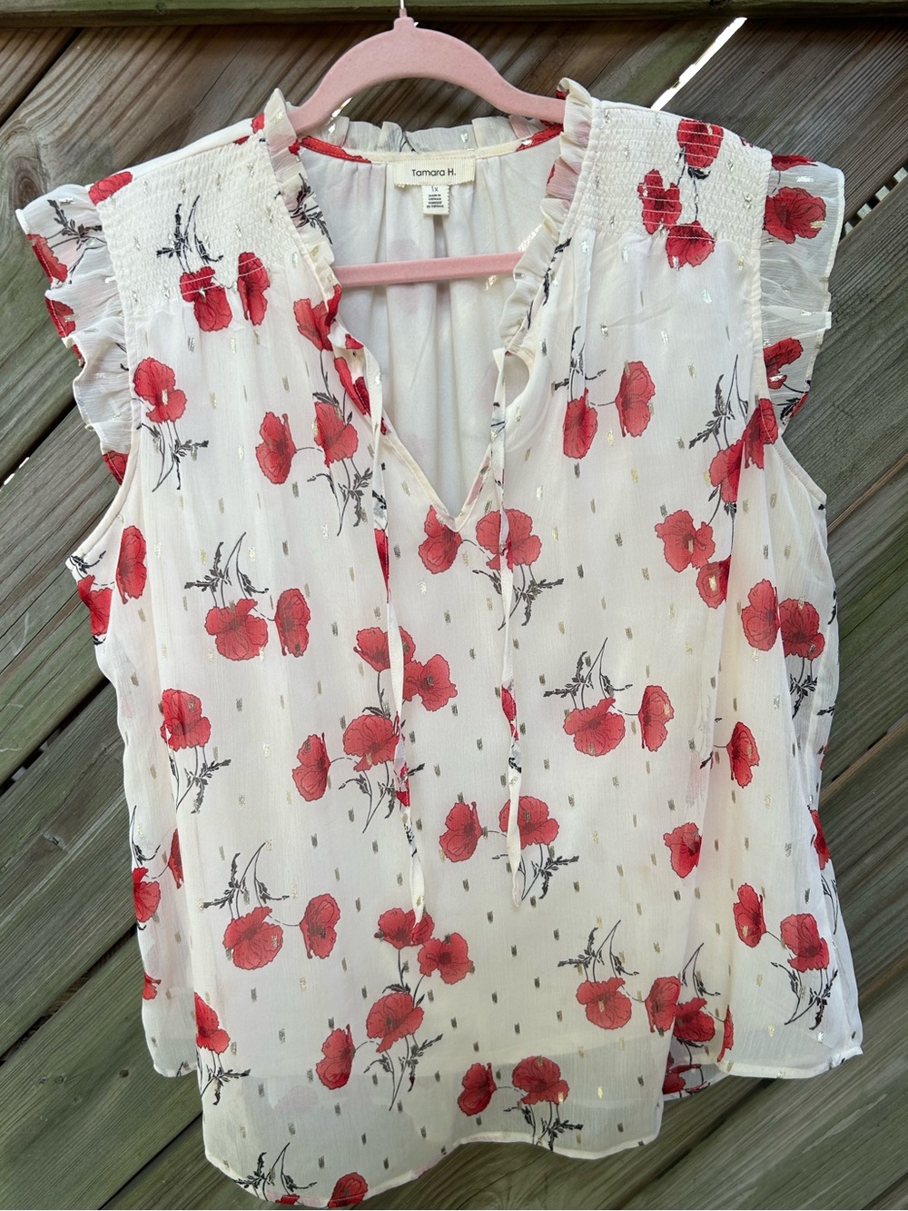 Tamara H. White Floral Ruffle Sheer flutter Sleeve Blouse  Red Poppy Print 1X